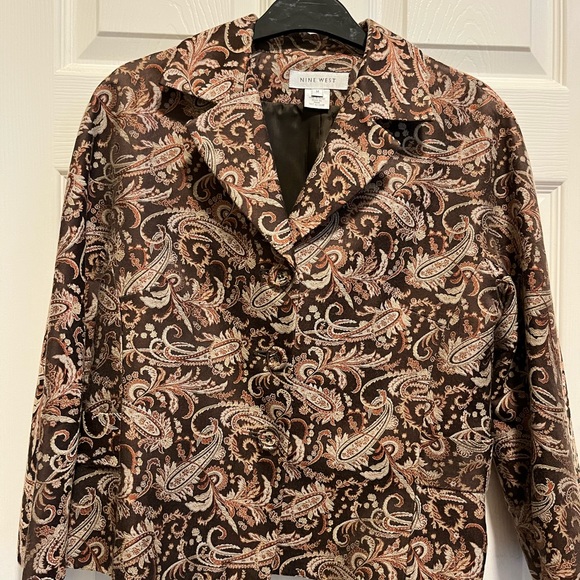 NWOT. NINE WEST Silk Blend Brocarde Paisley Brown Blazer, size M - Picture 1 of 8